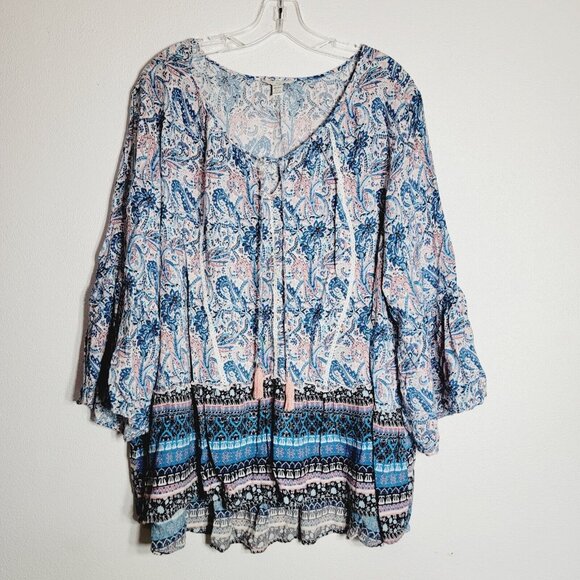 Cato Pink Paisley Peasant Top Plus Size 26/28 Bell Sleeve Lightweight Pullover‎ - Picture 1 of 5